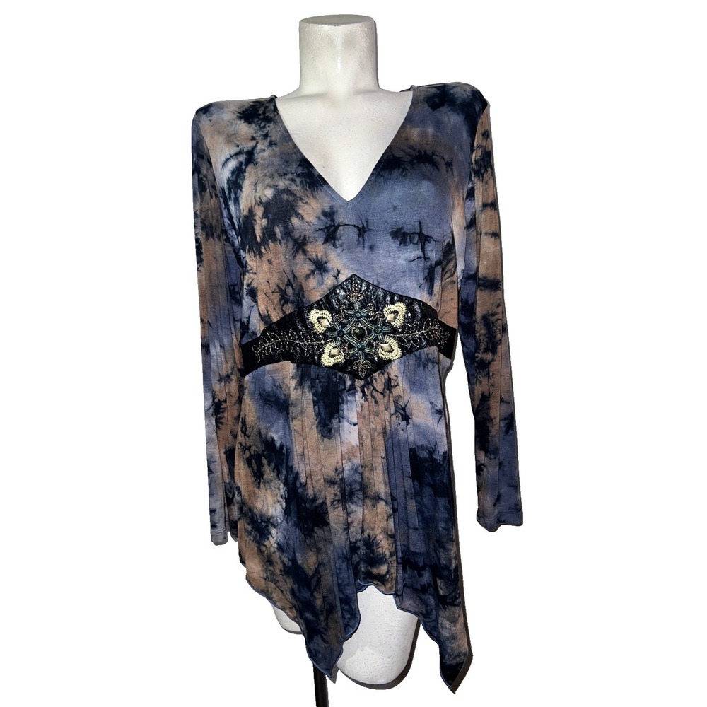 Monroe and Main Womens XL Blue Tan Tie Dye Beaded Empire Waist Sharkbite Tunic